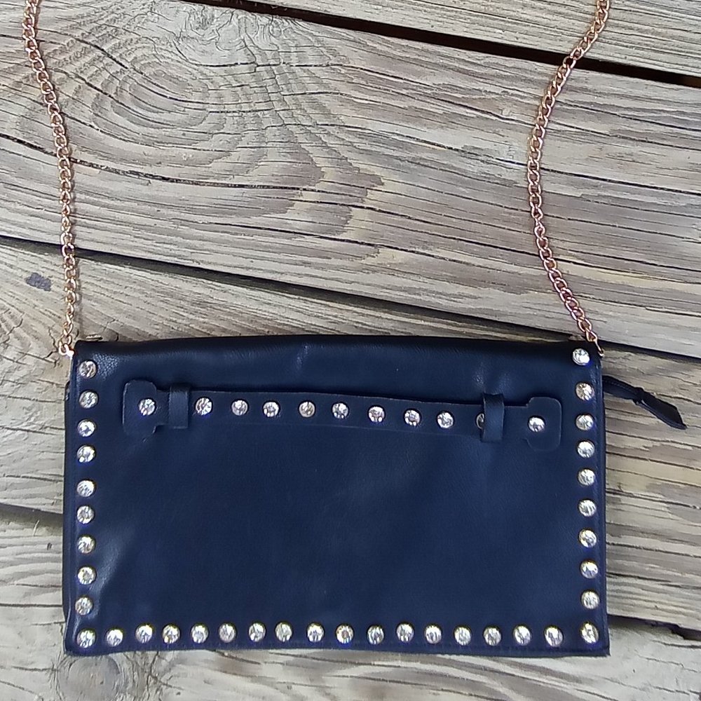 Black Leather Rhinestone Crossbody Clutch Combo Bag